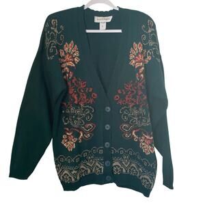 Vintage Grandma Cardigan Sweater Hunter Green Knit Womens Size Large